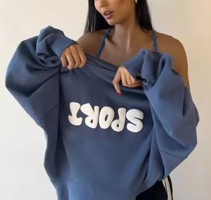 Jersey informal para mujer, suéter de punto suave para invierno y otoño, Tops de manga larga con cuello redondo y capucha, estampado de logotipo frontal, ajuste holgado cómodo - Product Image 4