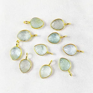 Natural Aquamarine Gemstone 10x8mm Leaf Carved 925 Sterling Silver Gold Vermeil Bezel Set Pendant Charm Gemstone 925Silver Charm