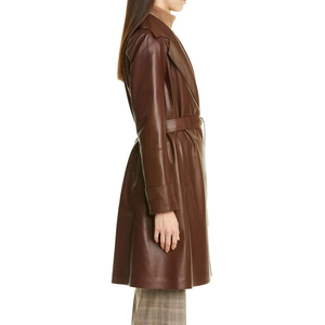 Abrigo de Cuero Tipo Gabardina para Mujer, Piel de Oveja Genuina, Color Marrón, Abrigo Largo de Invierno - Product Image 2