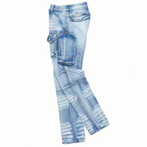 Pantalon cargo en denim décontracté pour homme, coton de haute qualité, jean bleu clair, décoration boutonnée, taille mi-haute, style droit, lavage moyen - Product Image 6