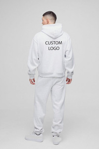 Custom Logo Straight Leg Joggers & <b>Hoodie</b> Set Unisex Oversized Ash <b>Grey</b> Boxy Hooded Tracksuit Cotton 3d Puff printing Embroidery - Product Image 2