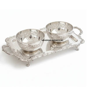 Tazón de Chocolate de Metal Repujado con Bandeja, Plateado, Diseño de Lujo, Tamaño Personalizado, Nuevo - Product Image 1