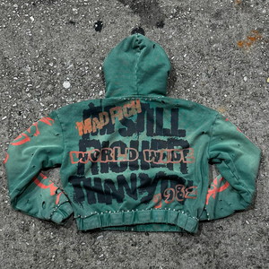 Sweat à capuche zippé noir personnalisé pour hommes Vintage lavé à l'acide surdimensionné éponge française DTG impression broderie strass Streetwear à capuche - Product Image 5