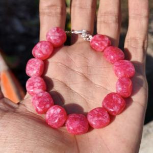 Big <b>Pink</b> Smooth Nugget Beads Silver Plated Adjustable Bracelet Natural Color Gemstone Jewelry <b>Healing</b> Handmade Gift Women - Product Image 1
