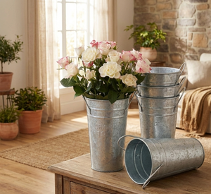 Seau à fleurs en métal galvanisé en gros avec poignées - Vases rustiques de style français Jardinières Décoration de ferme Centre de table Pots - Product Image 3