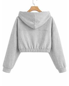 Customized Women Light Grey <b>Cropped</b> <b>Zip</b> <b>Up</b> <b>Hoodie</b> With Front Pockets Long Sleeve Hooded Sweatshirt Casual Streetwear Fashion Top - Product Image 2