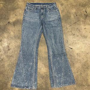 Custom Street Style Full Rhinestone Wide Leg Flare <b>Denim</b> Baggy Men's Diamond Jeans Pants <b>Trousers</b> - Product Image 1