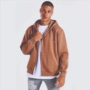 Sweat à capuche épais uni à double fermeture éclair 430 g/m² en molleton coupe classique marron streetwear unisexe 100 % coton respirant séchage rapide - Product Image 1
