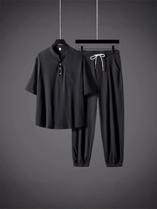 ชุดเซ็ตสองชิ้นผู้ชายไซส์ใหญ่สไตล์จีน ผ้าไหมน้ำแข็งบางเบา ปักโลโก้ตามสั่ง ราคาโรงงานจีน-บังกลาเทศ รับผลิตแบบ OEM - Product Image 3