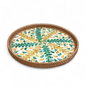 Bandeja Decorativa Hecha a Mano de Ratán con Incrustaciones de Madreperla, Bandeja Ecológica con Incrustaciones de Concha Natural para Mesa de Hogar - Product Image 1