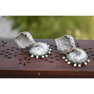 traditional artifical handmade silver look alike brass stone <b>stud</b> big jhumka hoop earing for <b>girls</b> and women - Product Image 1