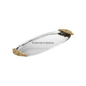 Venta al por mayor de bandeja de servicio de metal resistente pulido brillante plateado de forma ovalada con suministros de asas de diseñador chapadas en oro - Product Image 2