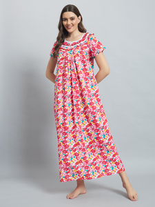 Camisón de Encaje 100% Algodón para Mujer, Manga Media, Largo Completo, Transpirable, con Bolsillo Lateral, 300g, Estampado Floral en el Cuello, Elegante, Primavera - Product Image 3