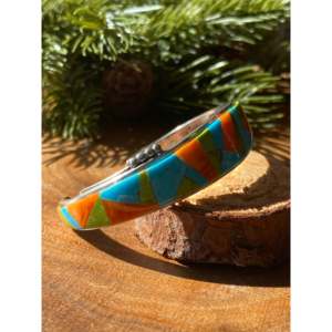 Navajo Handmade Multi-Stone & Sterling <b>Silver</b> Inlaid Fashion <b>Cuff</b> <b>Bracelet</b> - Product Image 3
