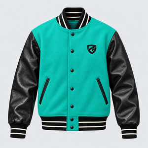 Blouson universitaire de luxe personnalisé en cuir vert pour homme avec col montant en cuir noir, coupe-vent décontracté pour l'automne - Product Image 1