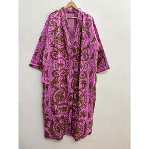 Chaqueta Larga de Algodón de Secado Rápido, Ecológica, con Bordado Floral Suzani, para Mujer, Estilo Boho, Color Rosa Orquídea, Marrón Umber - Product Image 2
