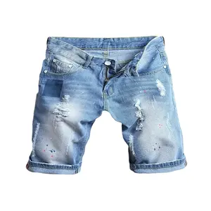 Wholesale Custom Made Men's Thin Light Blue Hip-Hop Holes Slim Fit Knee Length Jean Denim Short