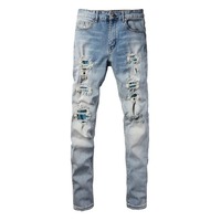 Jeans décontractés pour homme avec logo personnalisé, style moto déchiré, bleu uni, mode streetwear, patchwork, effet délavé, coupe droite