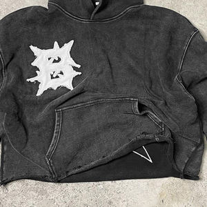 Streetwear pour hommes, sweats à capuche en coton mélangé à l'ourlet brut, vintage, lavé à l'acide, avec patch brodé - Product Image 5