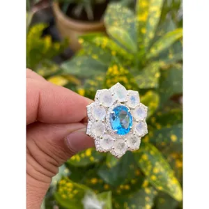 925 Silver Blue Topaz & <b>Moonstone</b> Cocktail <b>Ring</b> Rhodium Plated Marquise Geometric Design Elegant Gemstone Jewelry for Parties - Product Image 2