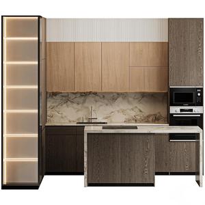 Gabinetes de Cocina Modulares de Lujo KEJIA con Acabado en Madera Oscura y Clara, con Vitrina Iluminada para Proyectos de Villas de Alta Gama - Product Image 2