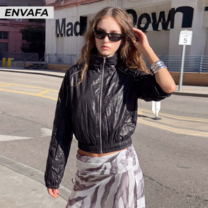Black Glossy Cropped Windbreaker High Neck <b>Zip</b>-<b>Up</b> <b>Jacket</b> Waterproof Faux Motorcycle <b>Jacket</b> Trendy Streetwear Eco-Friendly Short - Product Image 4