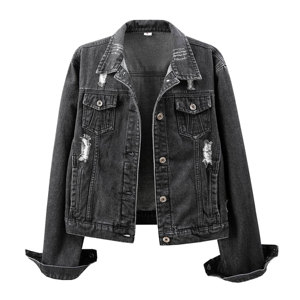 Factory Wholesale Charcoal Black Women Jean Jacket Distressed <b>Loose</b> Spring Autumn Street Style Jeans Jacket - Product Image 1
