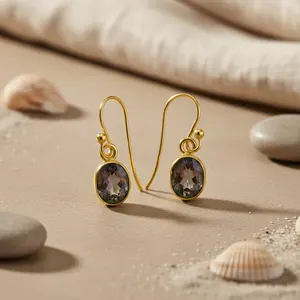 Boucles d'oreilles pendantes ovales en topaze mystique plaquées or tendance pour femmes, bijoux de fête religieux, boucles d'oreilles créoles en cuivre et en laiton - Product Image 2