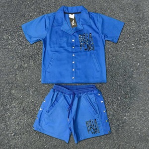 Unisexe Logo personnalisé impression numérique automne coupe-vent survêtement bouton manches courtes chemises Shorts deux pièces solide coupe-vent 100% - Product Image 6