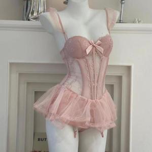 Camisón de encaje rosa con corsé de espina de pescado para mujer, con copas acolchadas, sexy, con mangas con volantes y efecto adelgazante en la cintura. - Product Image 1