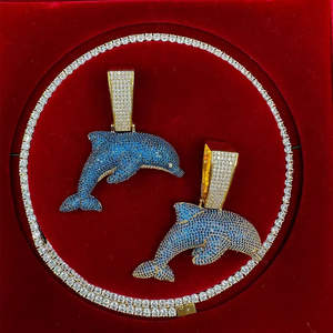 Pendentif dauphin bleu glacé en moissanite, plaqué or véritable, argent sterling, style hip-hop, bijoux unisexe pour homme, plaqué rhodium - Product Image 4
