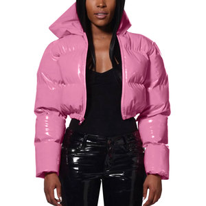 Femmes recadrée doudoune hiver brillant fermeture éclair court manteau à bulles léger chaud gonflé vêtements d'extérieur avec capuche vestes - Product Image 1