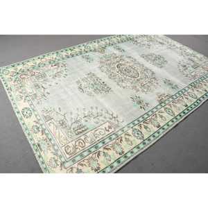 พรมวินเทจขนาด 6.1x9.4 ฟุต พรมตุรกีขนาดใหญ่ พรมขนสัตว์สีเขียวขาวลายนามธรรม - Product Image 3