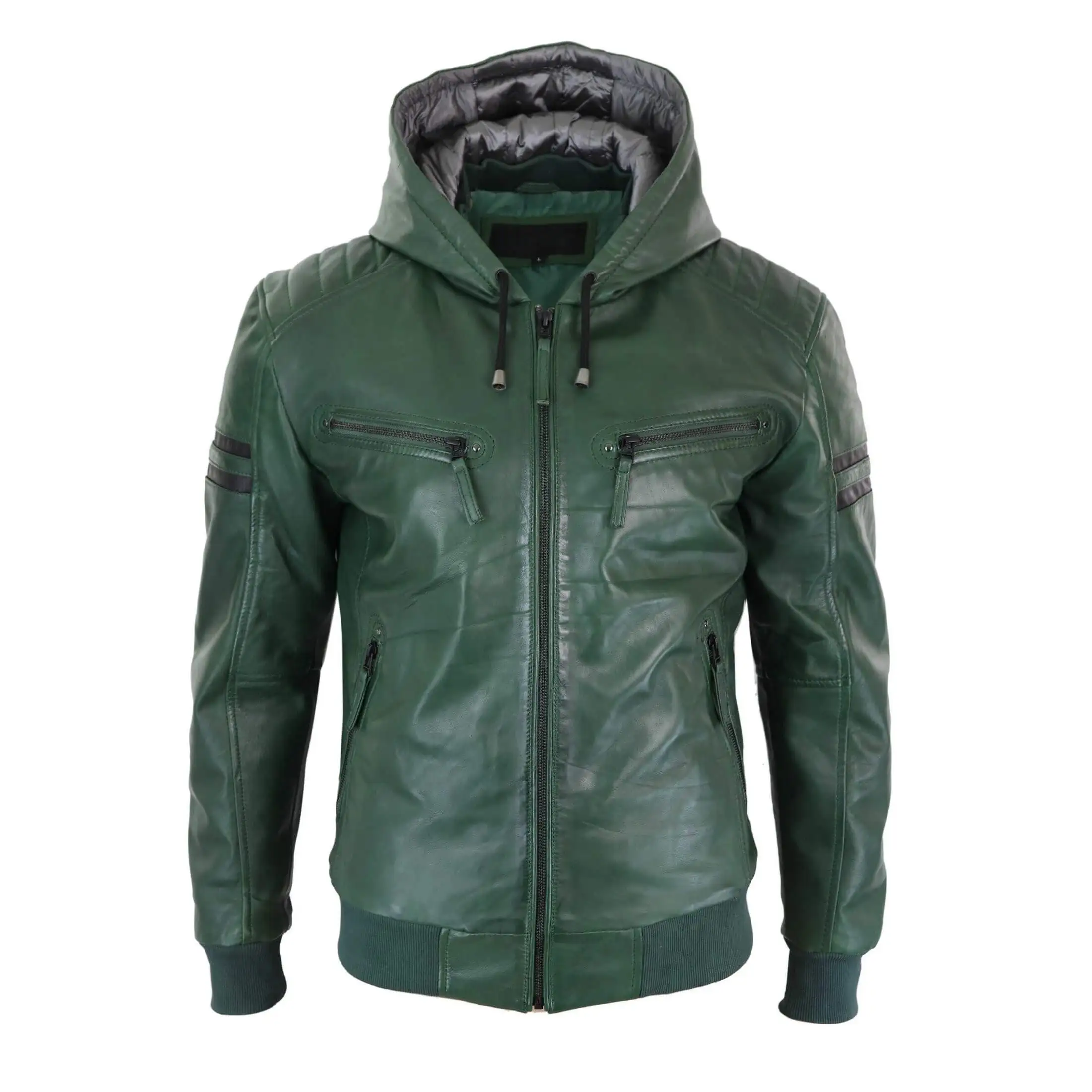 Новая элегантная зеленая блестящая куртка с капюшоном из натуральной искусственной кожи с длинными рукавами и карманами, лучшее украшение для зимней одежды