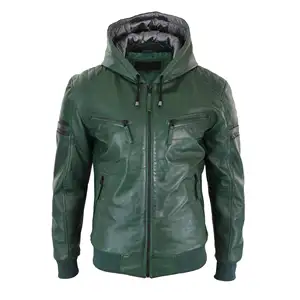 New Elegant Bottle Green Shining Genuine PU Leather Hooded Jacket With Long Sleeves And Pockets Decoration Best For Winter Wear