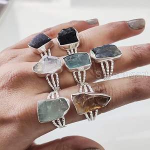 Anillo de Piedras Preciosas en Bruto para Mujer, Esmeralda Natural, Zafiro, Tanzanita, Herkimer, Joyería de Plata de Ley 925 - Product Image 2