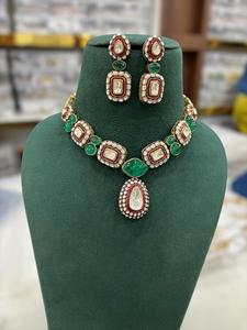 luxurious premium quality moissonite meena green stone mehendi polish color necklace set for wedding festive fashion <b>jewellery</b> - Product Image 3