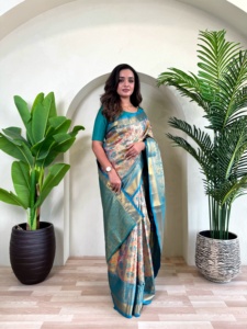 Dernière exclusivité inspirée Kanchipuram soie Sari fantaisie doré Jari travail indien Bollywood mariée classique fête de mariage vêtements ethniques - Product Image 2