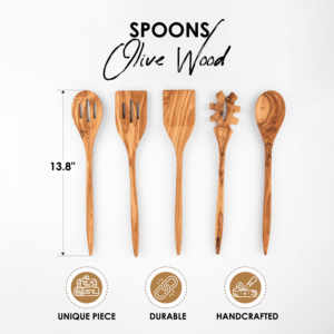 Juego de 5 utensilios de cocina clásicos de madera de olivo, cuchara de mango largo, espátula, herramientas de cocina hechas a mano, aptas para alimentos, para cocinar y servir - Product Image 5