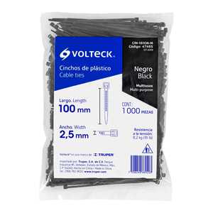 Attaches de câble en nylon noir Volteck, lot de 1000, 100 mm x 2,5 mm, autobloquantes, pour le regroupement de câbles électriques, modèle CIN-1810N-M - Product Image 1