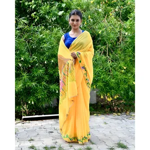 Sari Radhe Georgette Banarasi Amarillo, Sin Arrugas, de Secado Rápido, Largo Hasta el Suelo, Estilo Bollywood, para Bodas, Fiestas y Diwali - Product Image 3