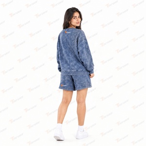 Ensemble 2 pièces short et haut pour femme, tie-dye, à sequins, col rond, manches longues, strass, délavé à l'acide, coupe décontractée ample, printemps-été, en coton tricoté - Product Image 4