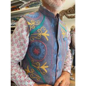 Mens Luxury Vintage <b>Nehru</b> Jacket Suzani Blue Velvet Embroidered Pattern Hooded Collar Water Proof XS Size for Spring Retail - Product Image 1