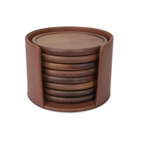 Sous-verre décoratif rond en bois MDF laser noyer bois foncé 6 pièces sous-verre ensemble support inclus décor à la maison sous-verre en bois - Product Image 4