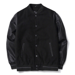 Wholesale Letterman Canvas Wool High Quality V-neck Collar Zipper Closure Winter Jacket for Men <b>Real</b> Cow Leather Sleeves Front - Product Image 1