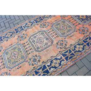 Grand tapis turc vintage 4,7x11,3 pieds, tapis persan bleu orange - Product Image 5