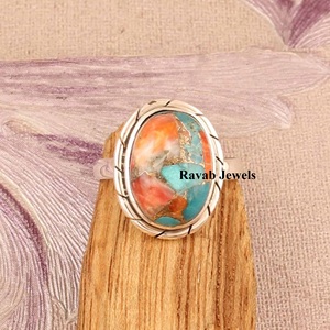 SOCTDSGR8 Fine Copper <b>Turquoise</b> <b>Ring</b> 12x16mm Eternity Vermeil Genuine Silver Factory Jewelry Natural Spiny Oyster Bezel Setting - Product Image 1