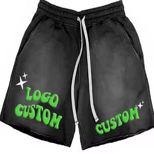 Short de sport vintage pour homme avec logo personnalisé noir 100% coton avec motif léopard cordon de serrage épais Streetwear - Product Image 4