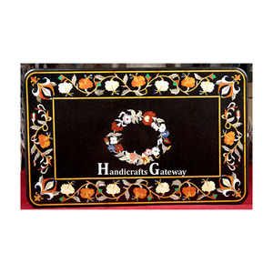 Mesa de comedor de mármol negro con incrustaciones de lujo hechas a mano, muebles de vidrio de diseño moderno para sala de estar, mármol con incrustaciones exquisitas - Product Image 1