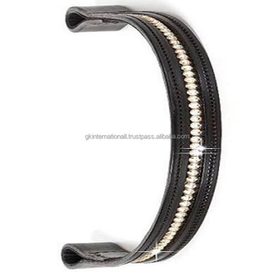 Banda de cuero genuino negro con acabado de lujo, banda para cejas de caballo con canal vacío, cristales de plata decorativos, diamante ostentoso - Product Image 1